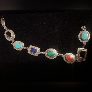 VINTAGE BOMA FRAMED MULTI STONE BRACELET STERLING SILVER NATIVE AMERICAN? 7.5”